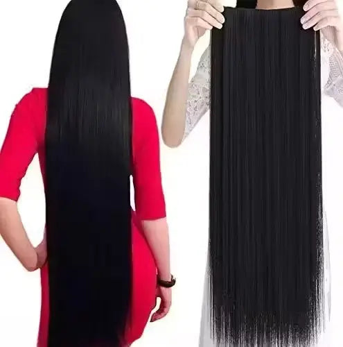 Ekom natural black straight synthetic hair extensions, 24-inch 5-clip set, shown in a bathroom setting with hair styling tools.