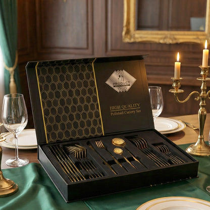Wukusy premium gold finish stainless steel cutlery set with 24 pieces arranged on a table, displayed in a luxury gift box.