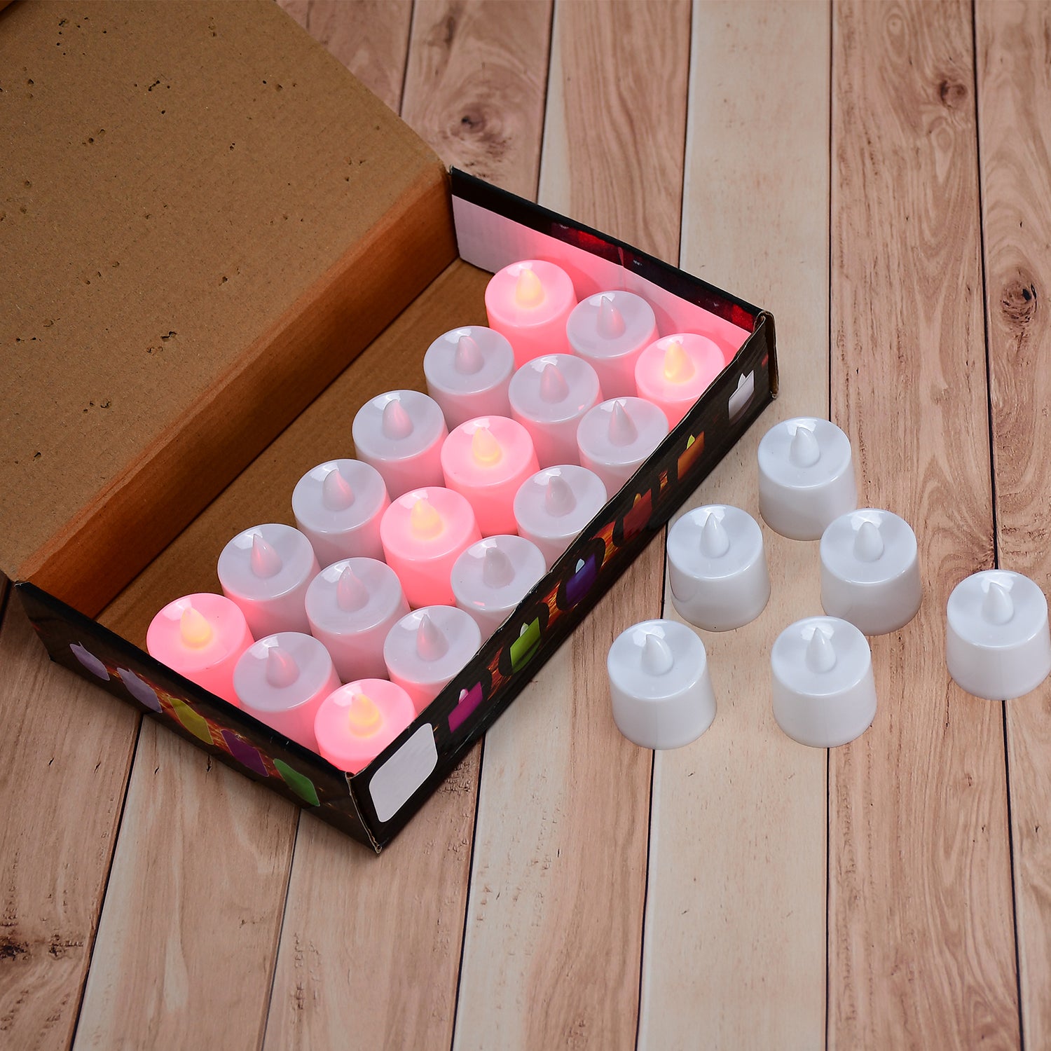 Set of 24 Wukusy red flameless LED tealights with plastic casings, smokeless decorative candles for home ambiance lighting.