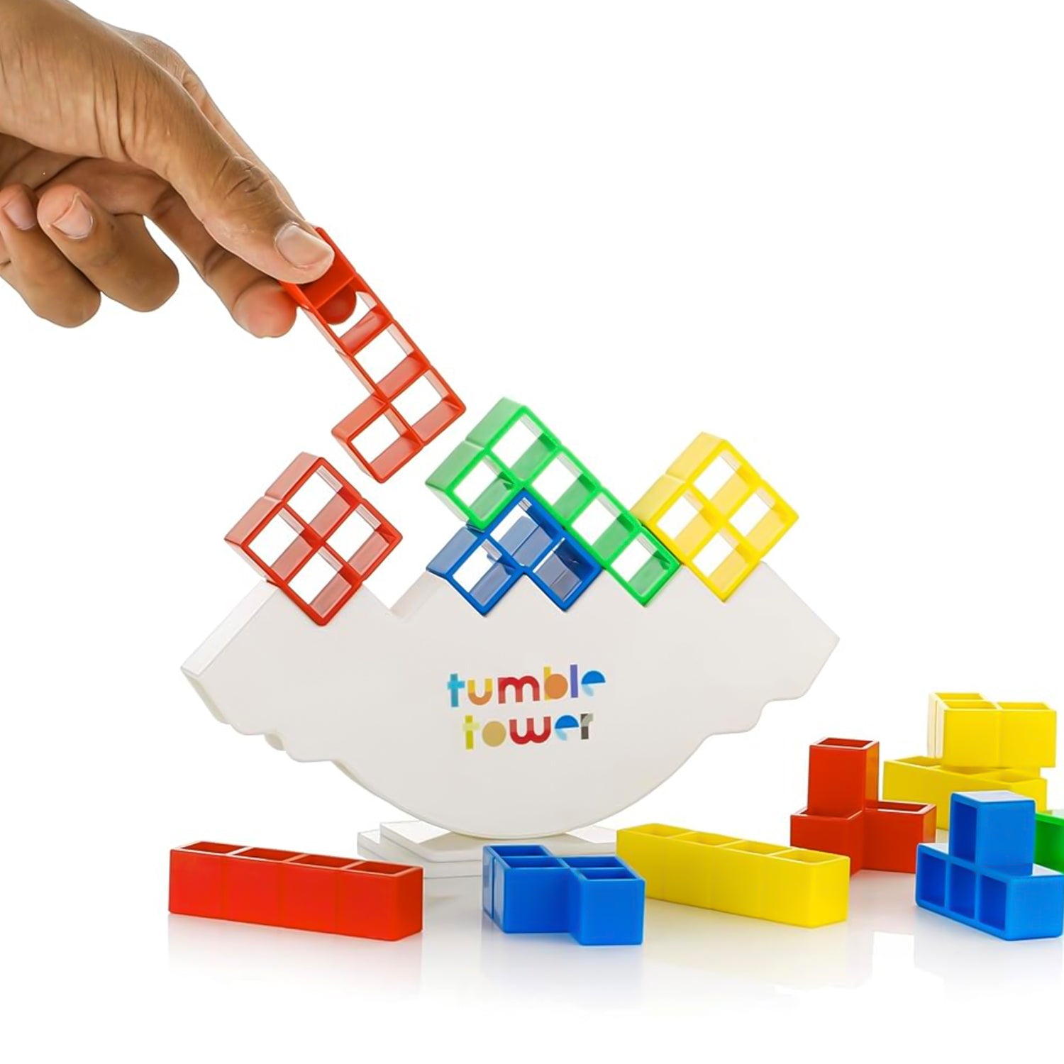 Wukusy Tumble Tower Balancing Blocks Game Set with wooden blocks stacked in a tower for balancing gameplay