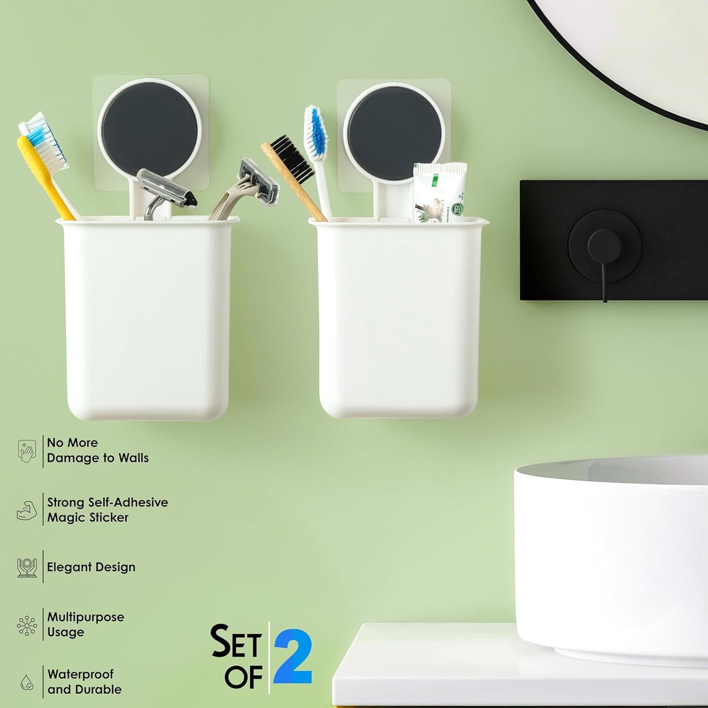 Wukusy wall mounted bathroom storage organizer cup set, 2-piece, with sleek design for bathroom countertop organization.