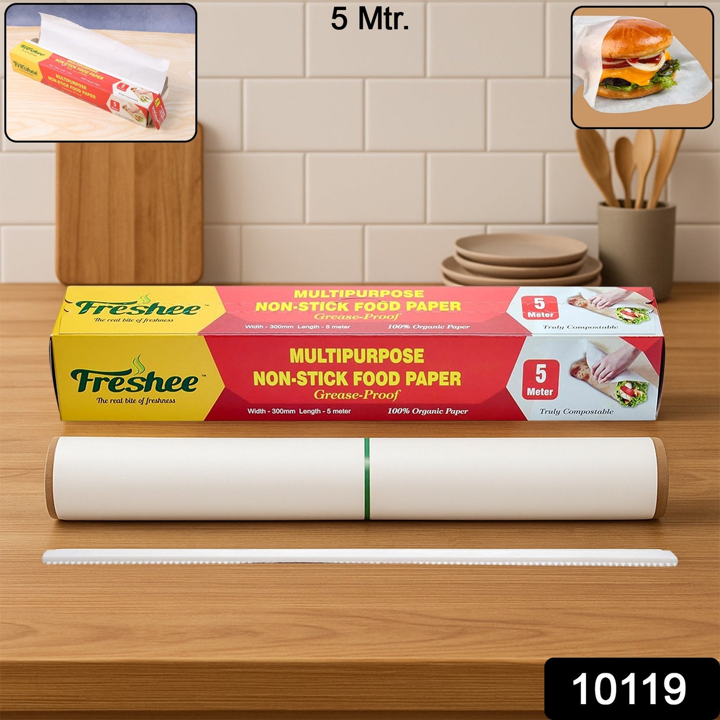 Wukusy Freshee multipurpose grease-proof non-stick food paper roll, 300mm x 5 meters, ideal for baking and food preparation.