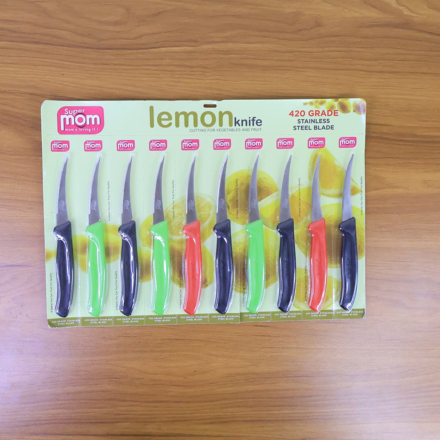 Wukusy Supermom stainless steel lemon knife set with 10 pieces for kitchen use, featuring ergonomic handles and sharp blades.