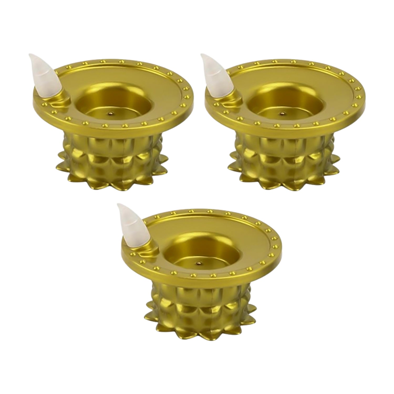 Set of 3 Wukusy water sensor LED golden diyas for home decor, featuring glowing LED lights in a decorative diya design.