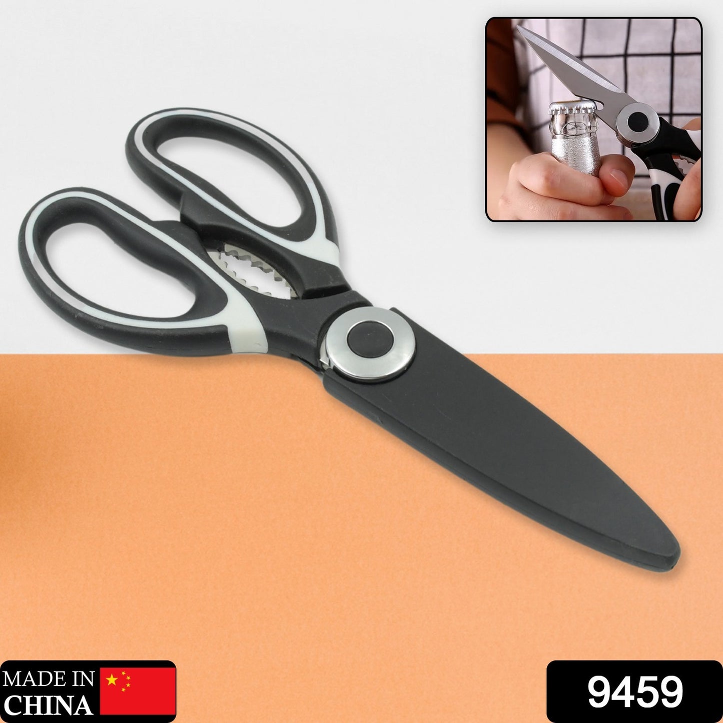 Wukusy 3-in-1 kitchen tool with stainless steel vegetable slicer, cheese cutter, seafood scissors, and bottle opener in a single device