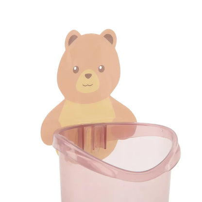 Wukusy 7943 plastic wall mount toothbrush holder with compartments for toothpaste, comb, brush, and lotion, teddy bear design, waterproof