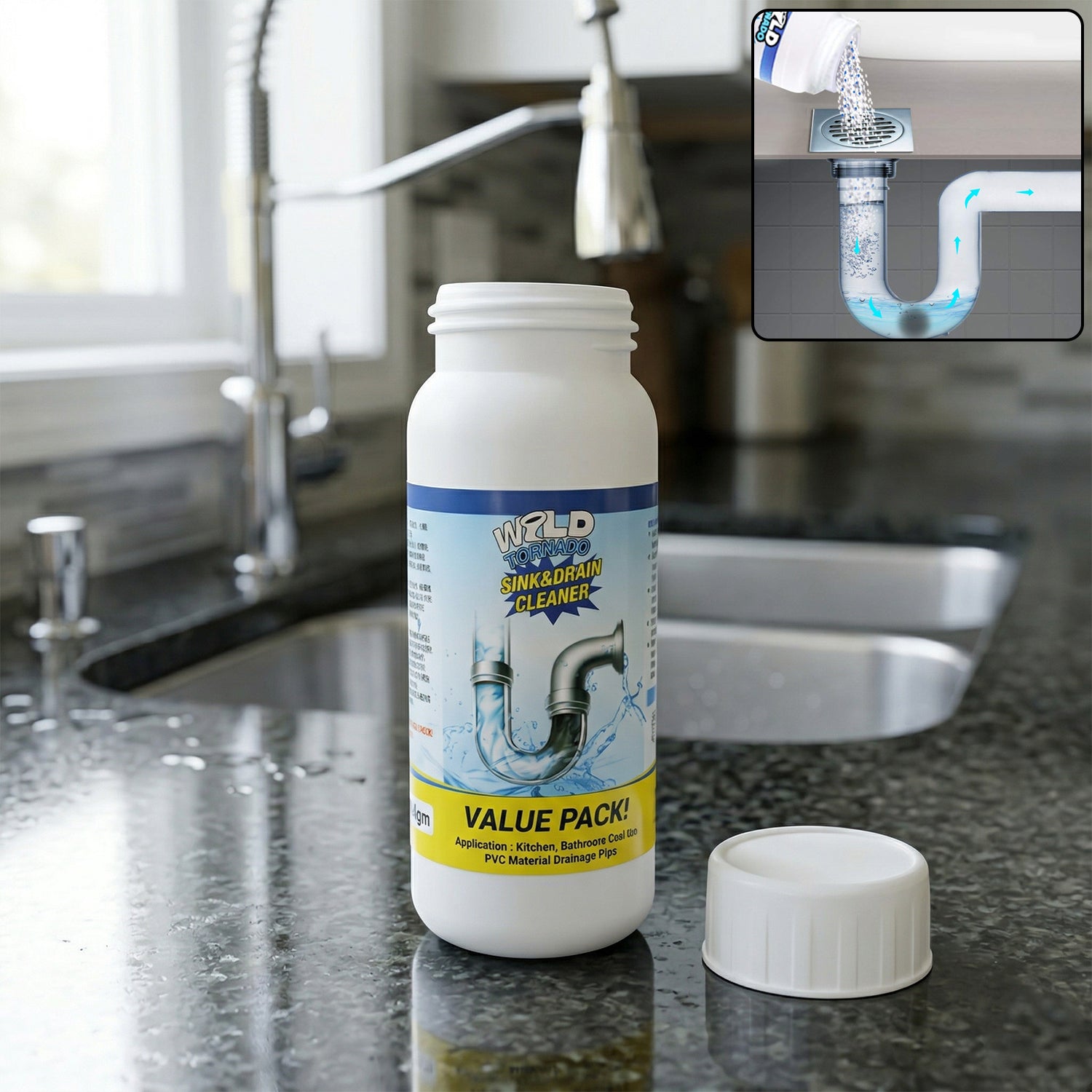 Wukusy sink and drain cleaner powder in a 200g container, designed for effective clog and odor removal.