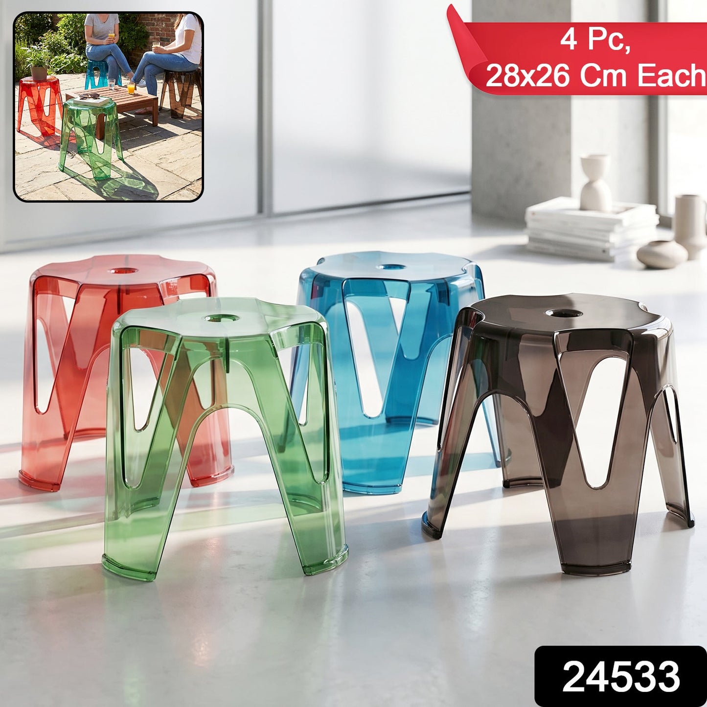 Set of four transparent plastic sitting stools, 28x26cm, strong indoor outdoor seats by Wukusy, shown stacked and arranged.
