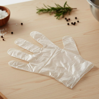 Disposable transparent plastic gloves by Wukusy, 100-pack, showing clear, flexible gloves suitable for hygiene and protection.
