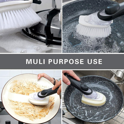 Wukusy dish scrubber with soap dispenser and brush set, featuring a handle and bristles for effective dishwashing.