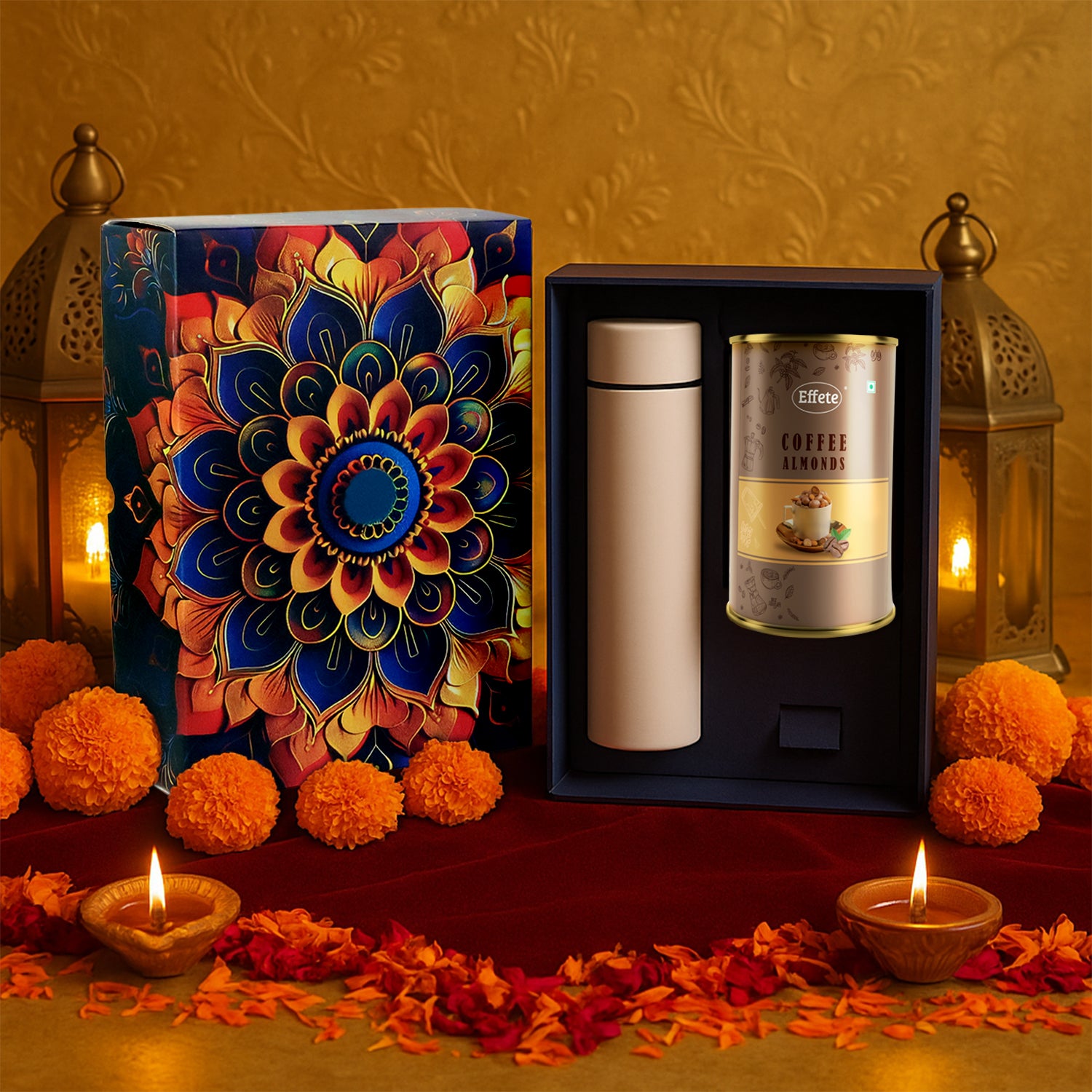 Wukusy Effete Coffee Almonds Gift Hamper with golden packaging and a bottle, featuring two elegant home and kitchen gift items.