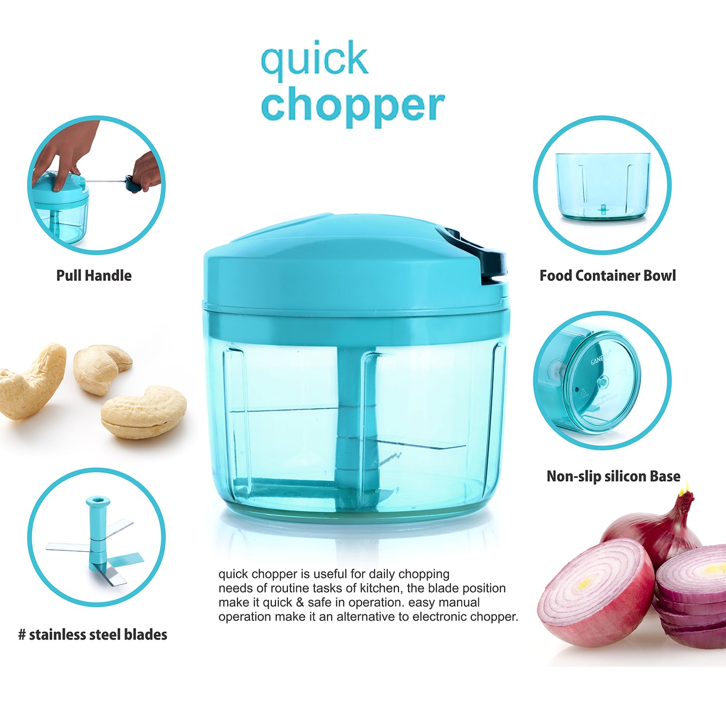 Wukusy 8105 Ganesh Quick Vegetable Chopper with 725 ml capacity, compact kitchen tool for chopping vegetables efficiently