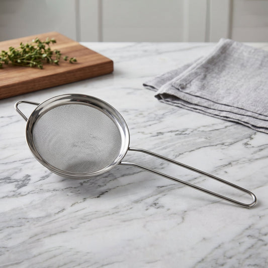 Wukusy stainless steel tea strainer with fine mesh and long handle for brewing and filtering tea in the kitchen.