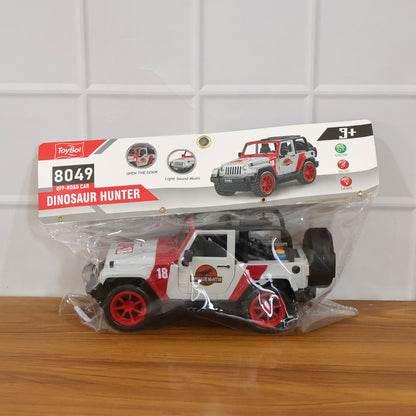 Kids dinosaur hunter off-road friction-powered toy jeep by Wukusy, featuring rugged design and dinosaur-themed decorations.