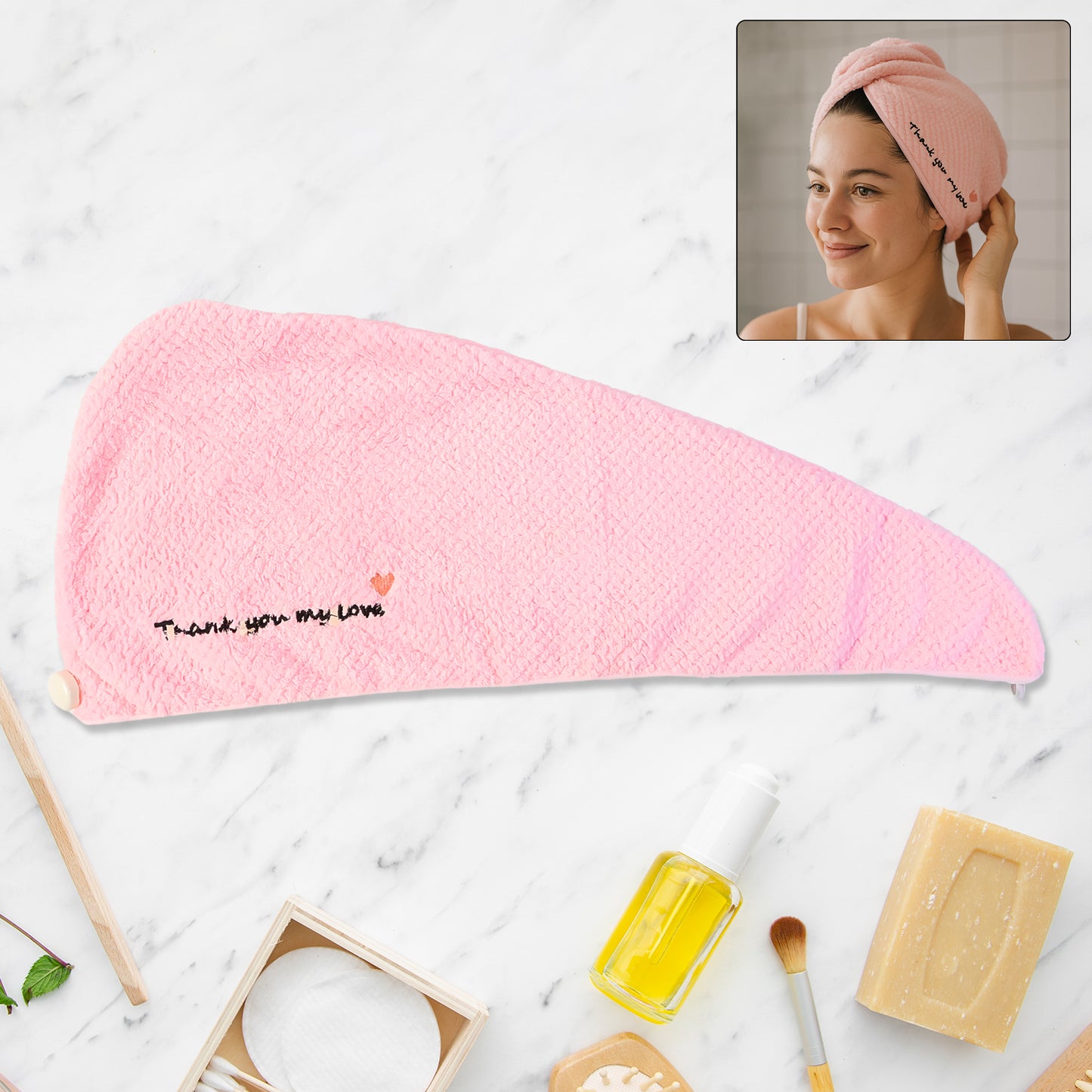 Wukusy ultra soft microfiber hair drying towel wrap with button lock, shown in a home bathroom setting.
