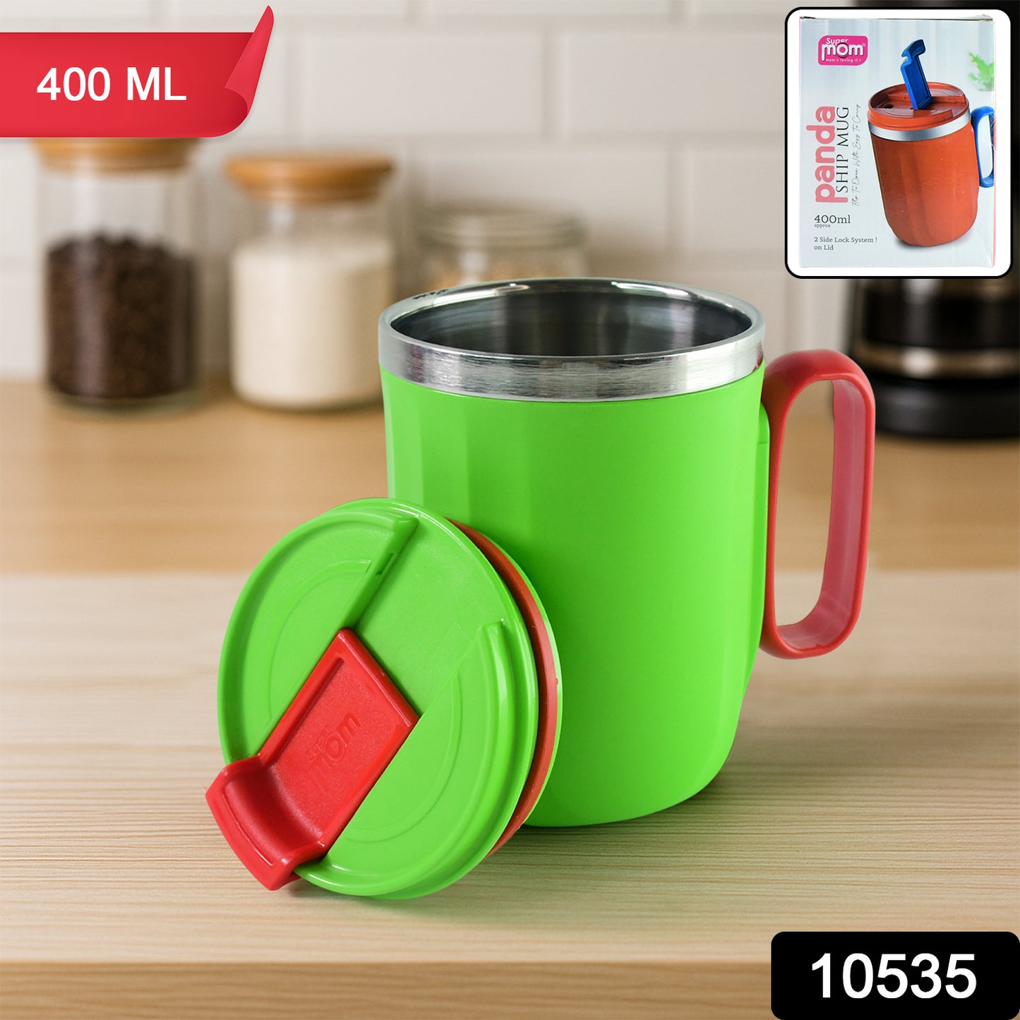 Wukusy Supermom Panda Ship mug with 400ml capacity, featuring a panda and ship design, on a kitchen countertop.
