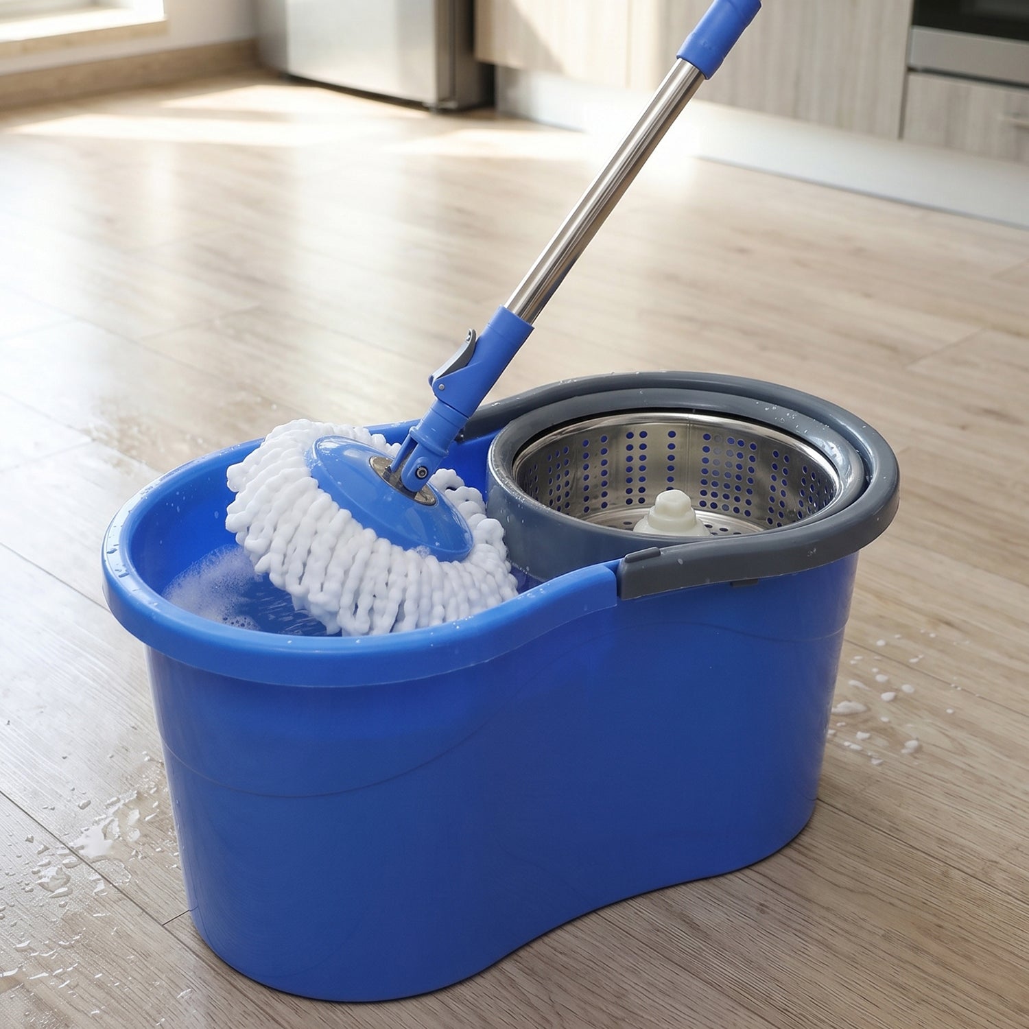 Wukusy 360 degree spin mop set with bucket, including a 130cm handle and mop head for easy cleaning and versatile use.