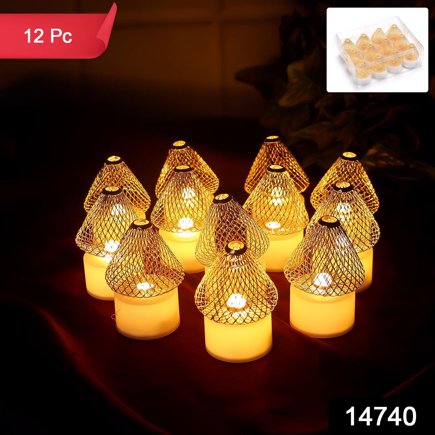 Set of 12 decorative LED flameless candle lights with golden net cover, perfect for home decor from Wukusy.
