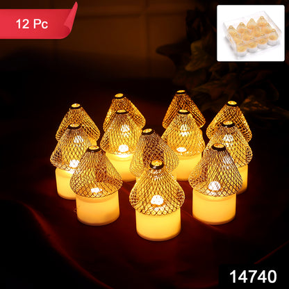 Set of 12 decorative LED flameless candle lights with golden net cover, perfect for home decor from Wukusy.