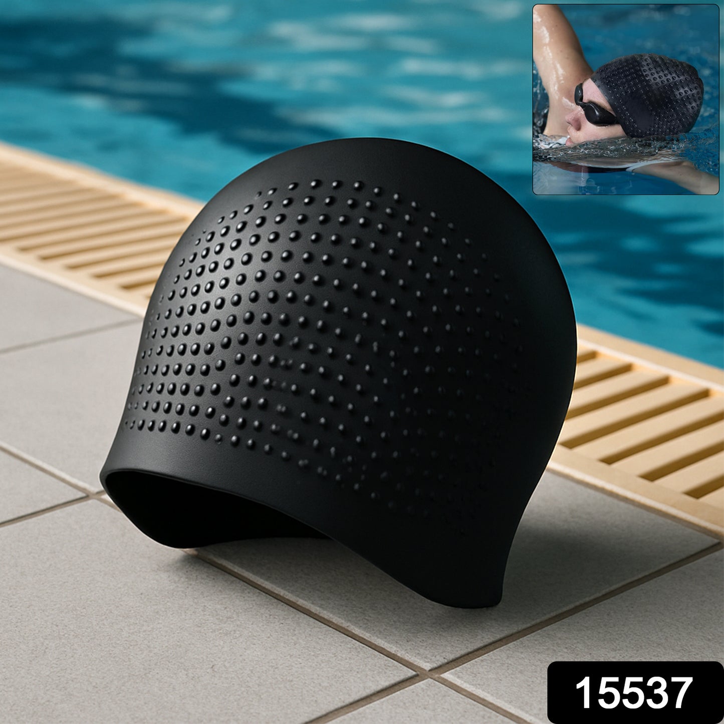 Wukusy premium silicone waterproof swimming cap for sports, shown in black, fits snugly on a swimmer's head.