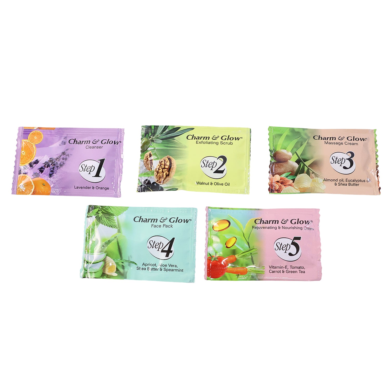 Wukusy Charm Glow 5-step herbal facial kit with skincare products arranged in a box for natural glowing skin.