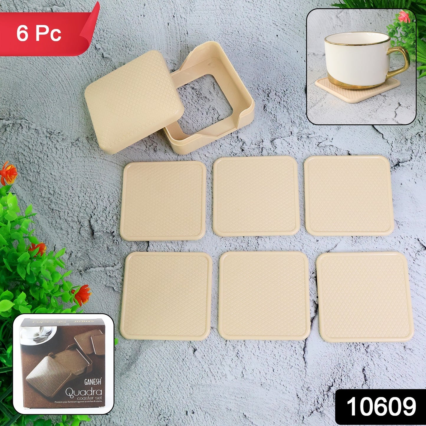 Set of six Wukusy Ganesh Premium Square Coasters with storage box, decorative home and kitchen accessory.