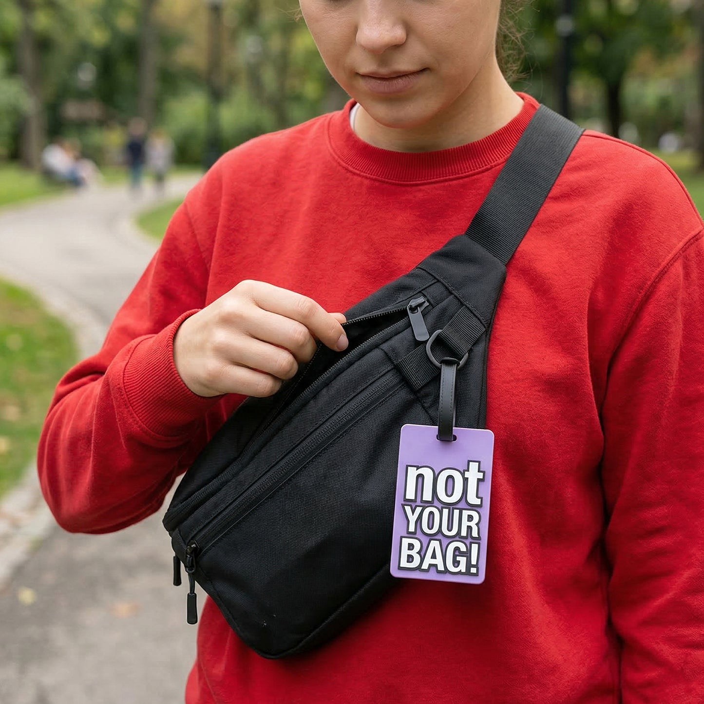 Wukusy travel luggage bag tag with bold "Not Your Bag" text, featuring a colorful design for easy identification.