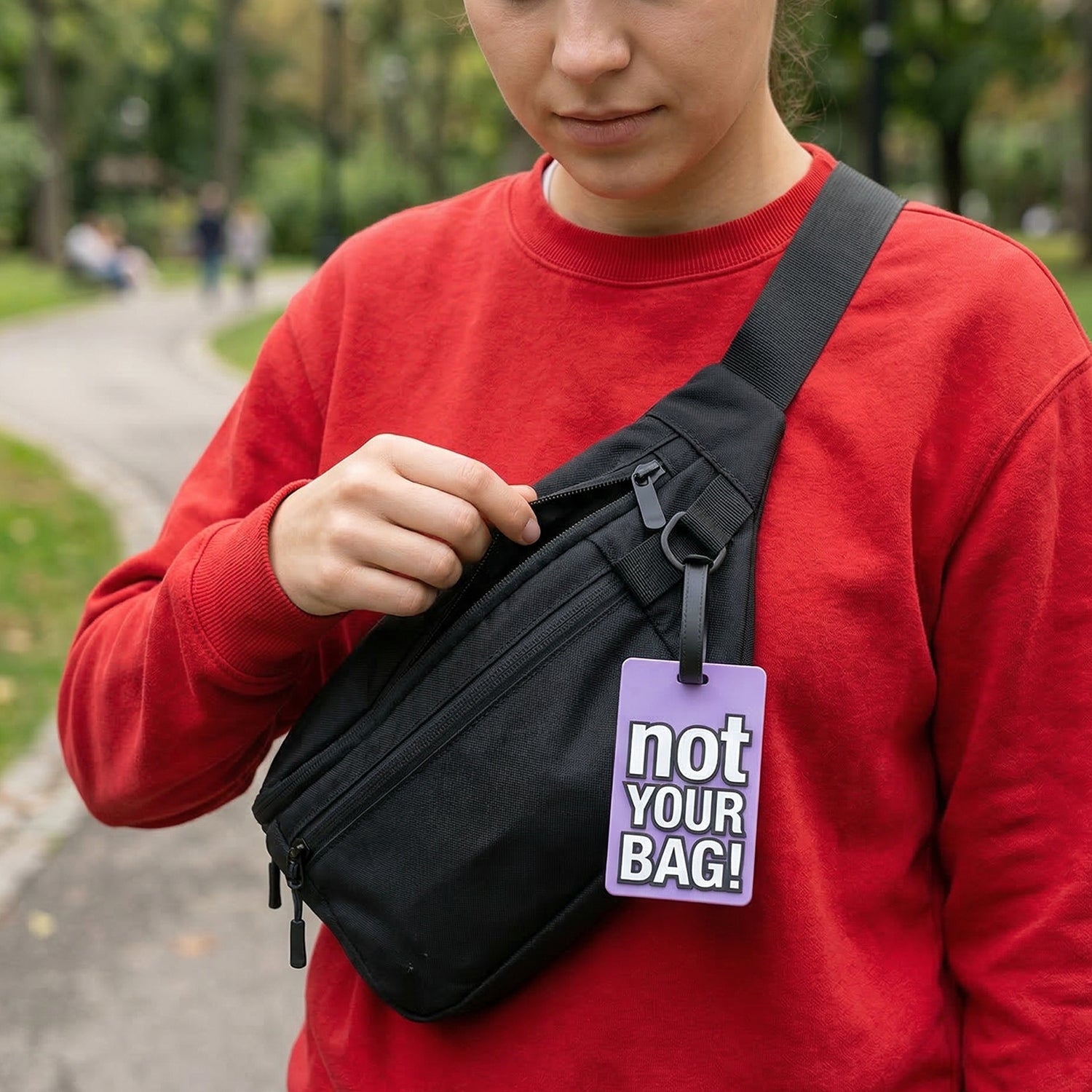 Wukusy travel luggage bag tag with bold "Not Your Bag" text, featuring a colorful design for easy identification.