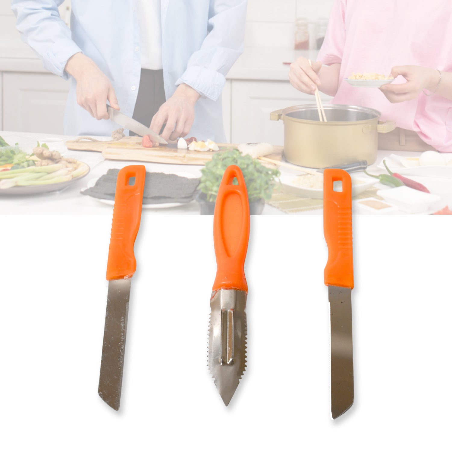 Wukusy 3-in-1 stainless steel kitchen knife set with knives for chopping, peeling, and slicing fruits and vegetables.