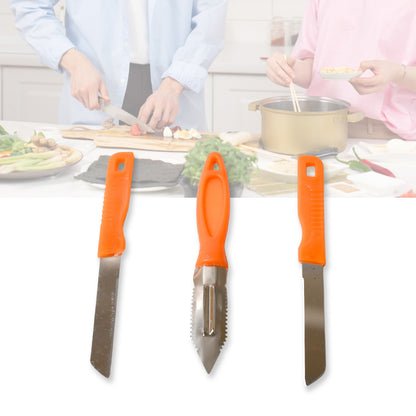 Wukusy 3-in-1 stainless steel kitchen knife set with knives for chopping, peeling, and slicing fruits and vegetables.