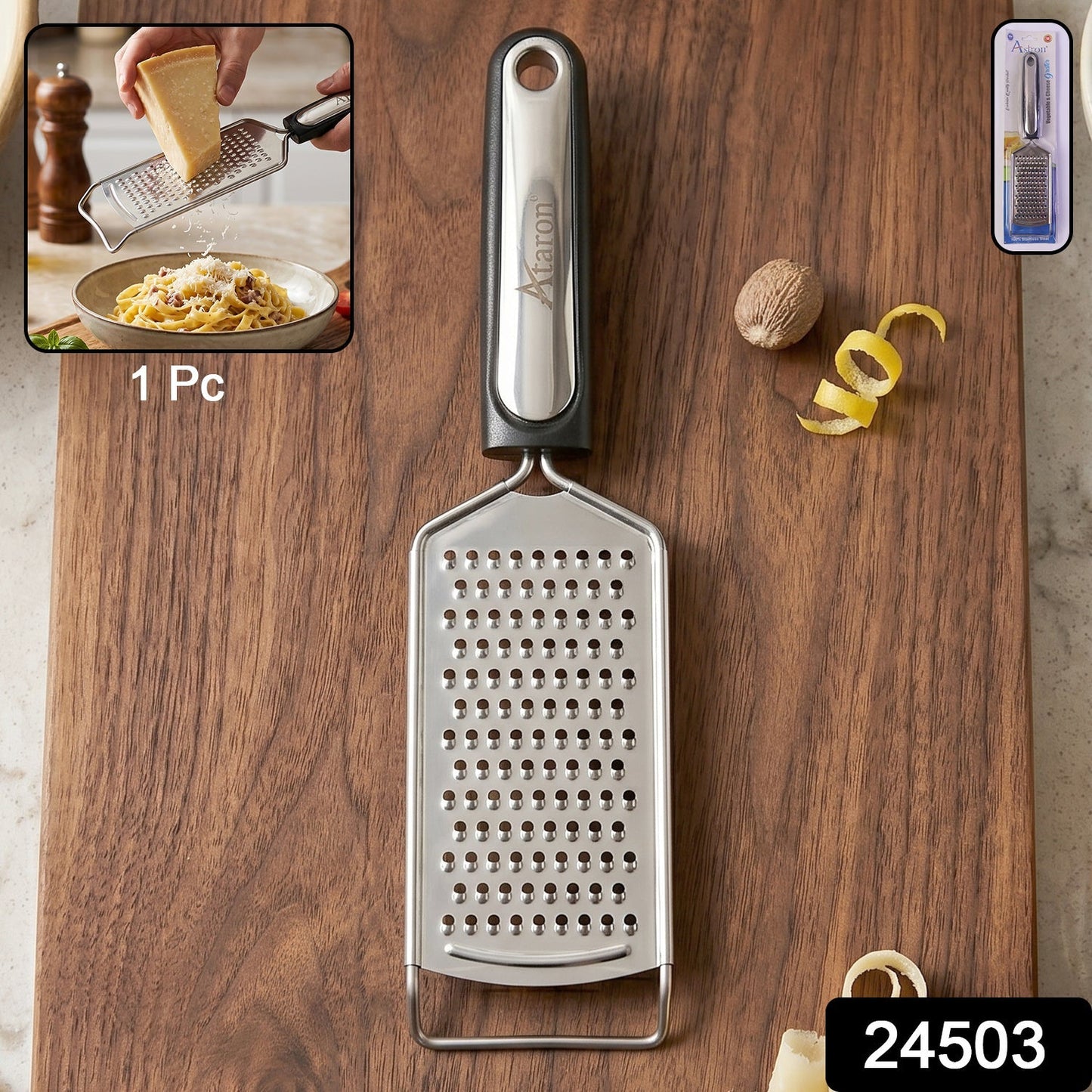 Wukusy SS slim cheese grater with plastic handle for vegetables and lemon zest, showing the compact stainless steel design.