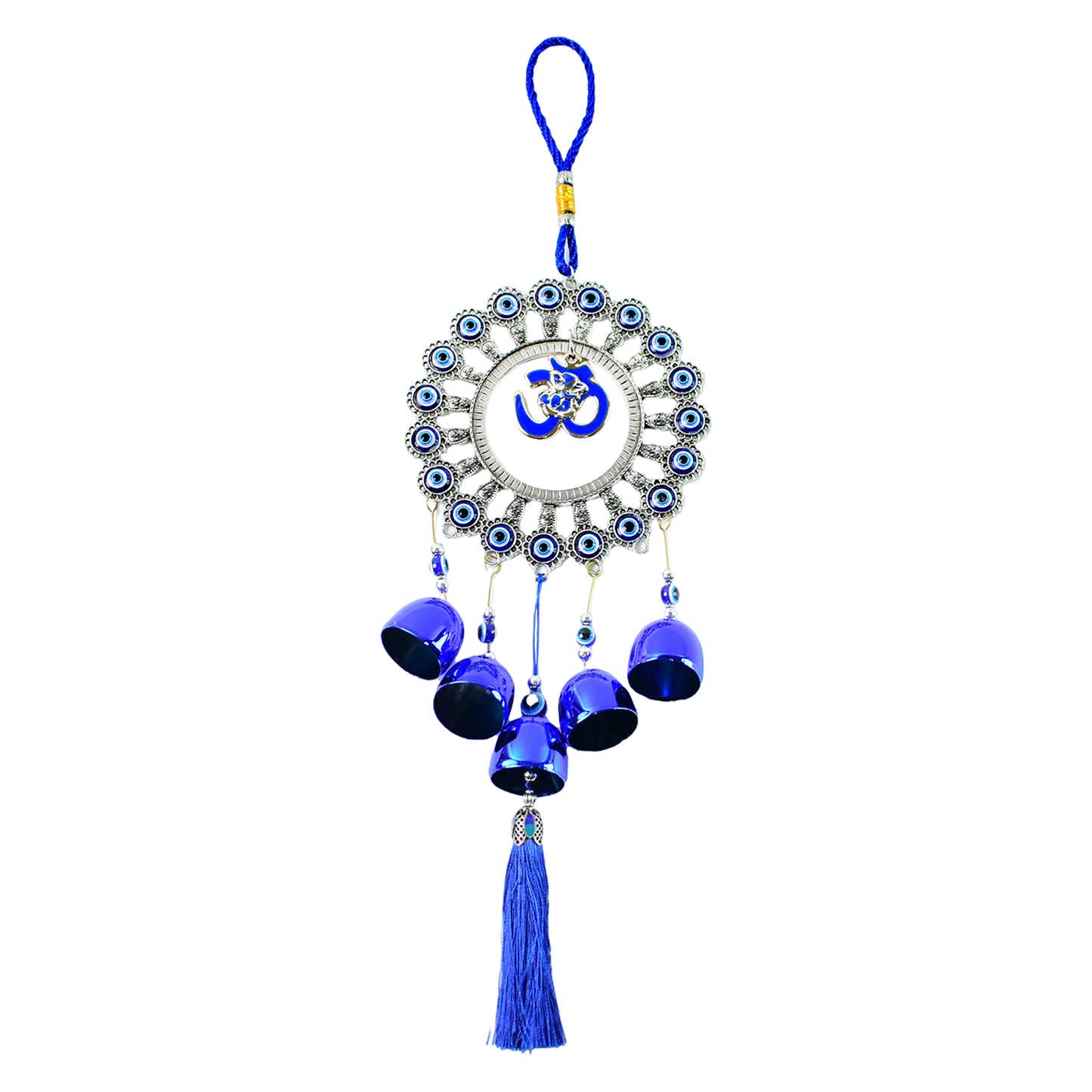 Decorative Wukusy Om Evil Eye wind chime wall hanging with blue and white beads, designed for home decor and spiritual protection.