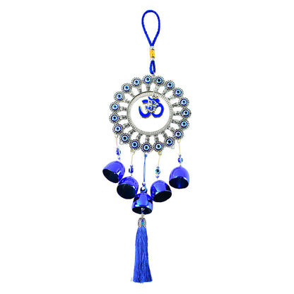 Decorative Wukusy Om Evil Eye wind chime wall hanging with blue and white beads, designed for home decor and spiritual protection.