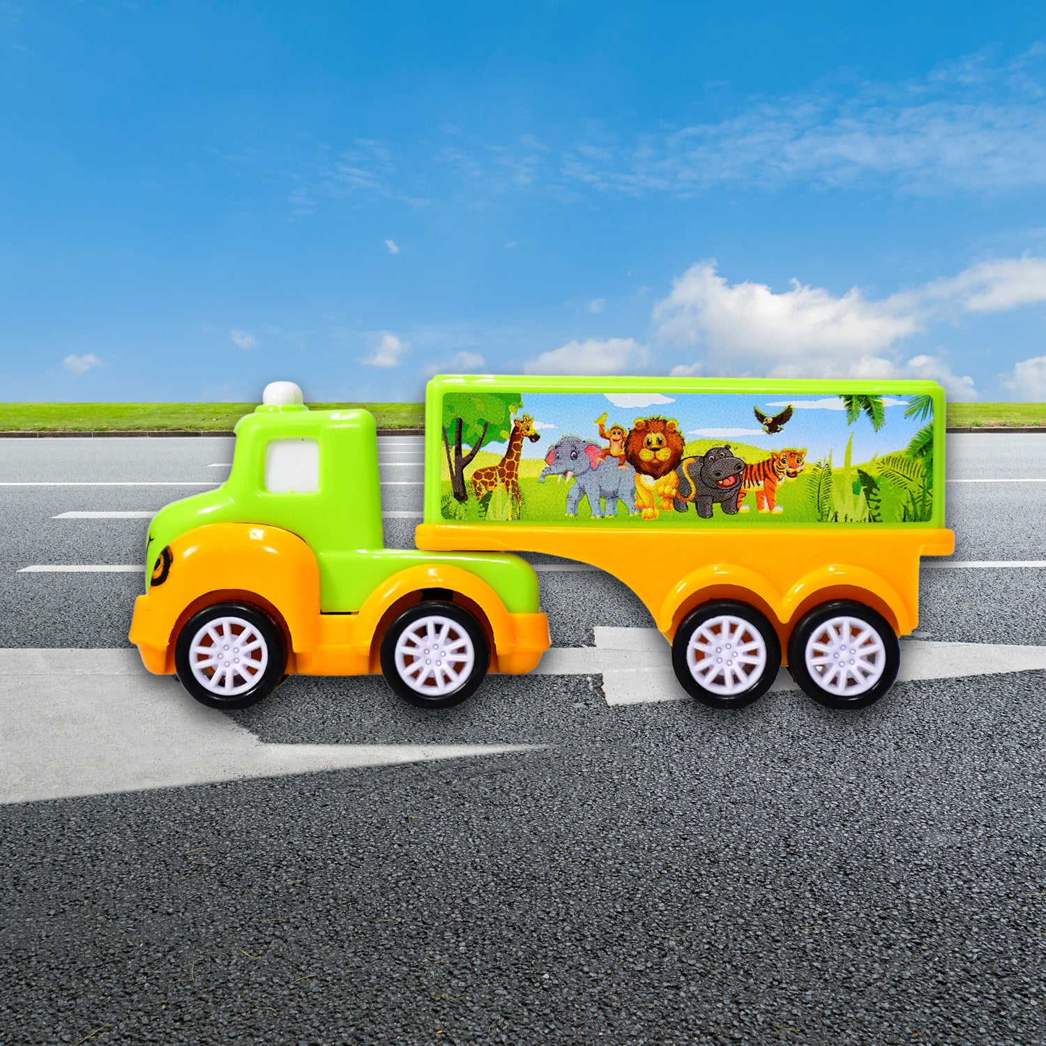 Small green and yellow Wukusy toy truck for children, featuring a compact design and colorful details.