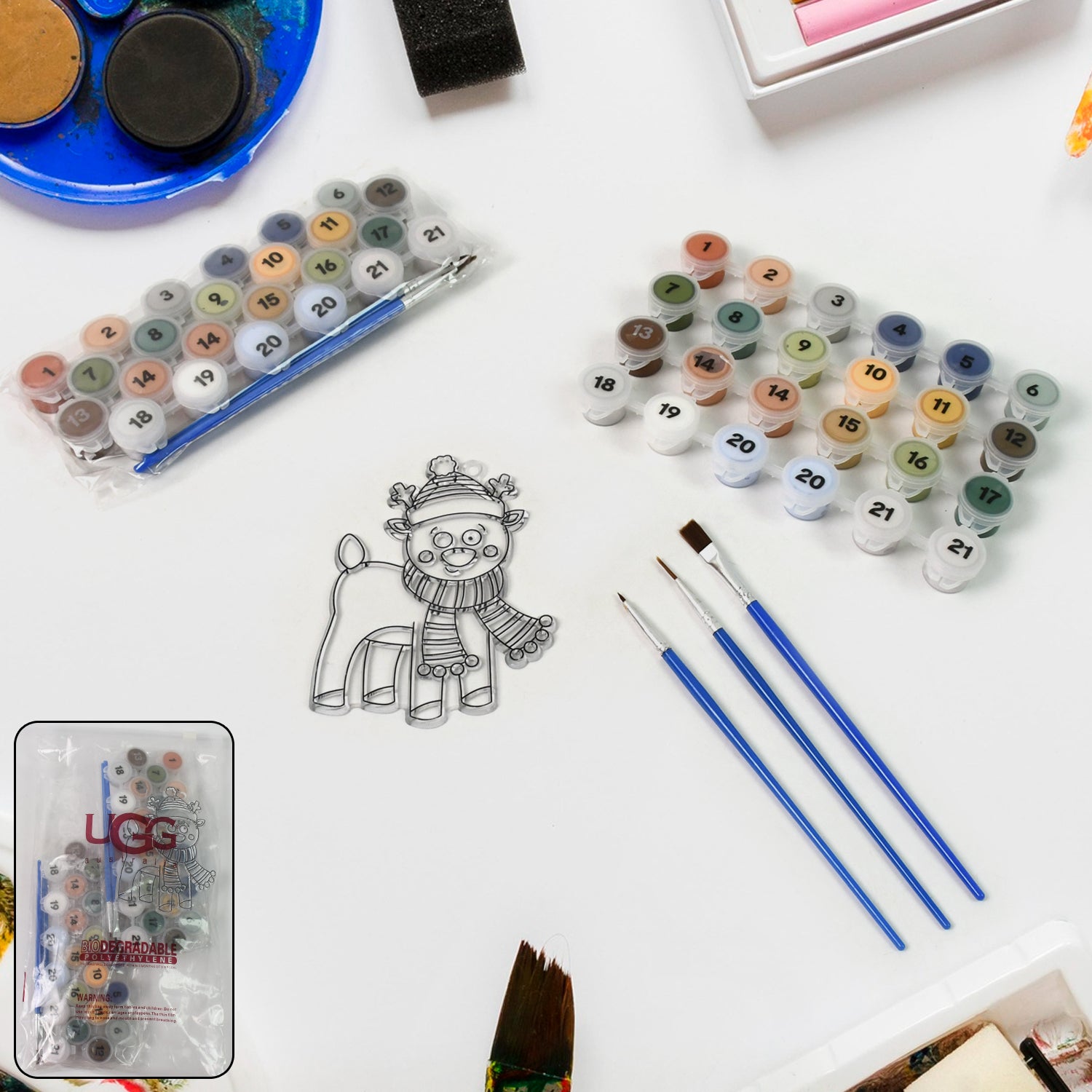 Wukusy paint by number kits, 2 set with 21 numbered color sections and 6 paint brushes, ready for creative painting.
