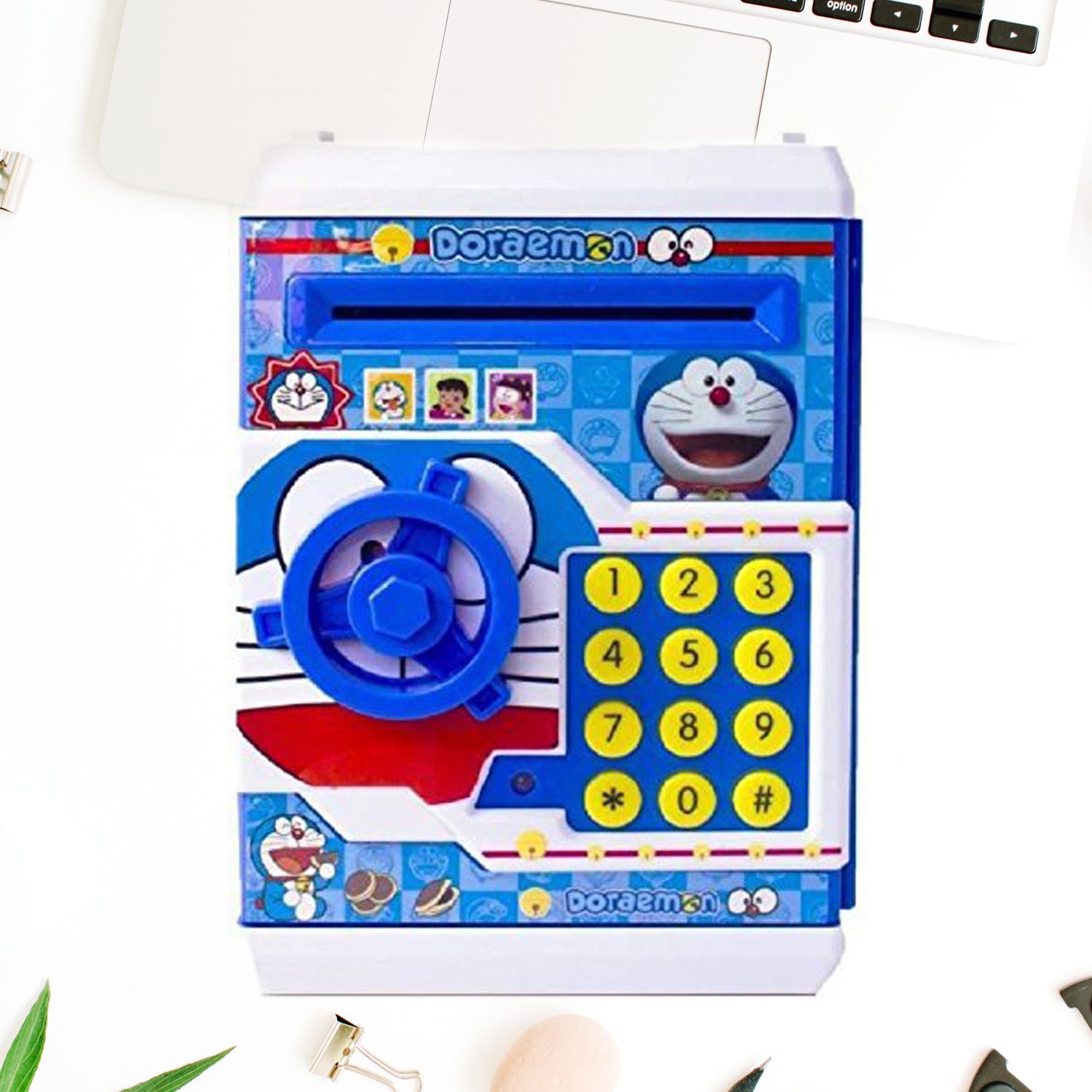 Wukusy 4508 Money Safe ATM piggy bank for kids with electronic lock and password, featuring cartoon pig design for savings.