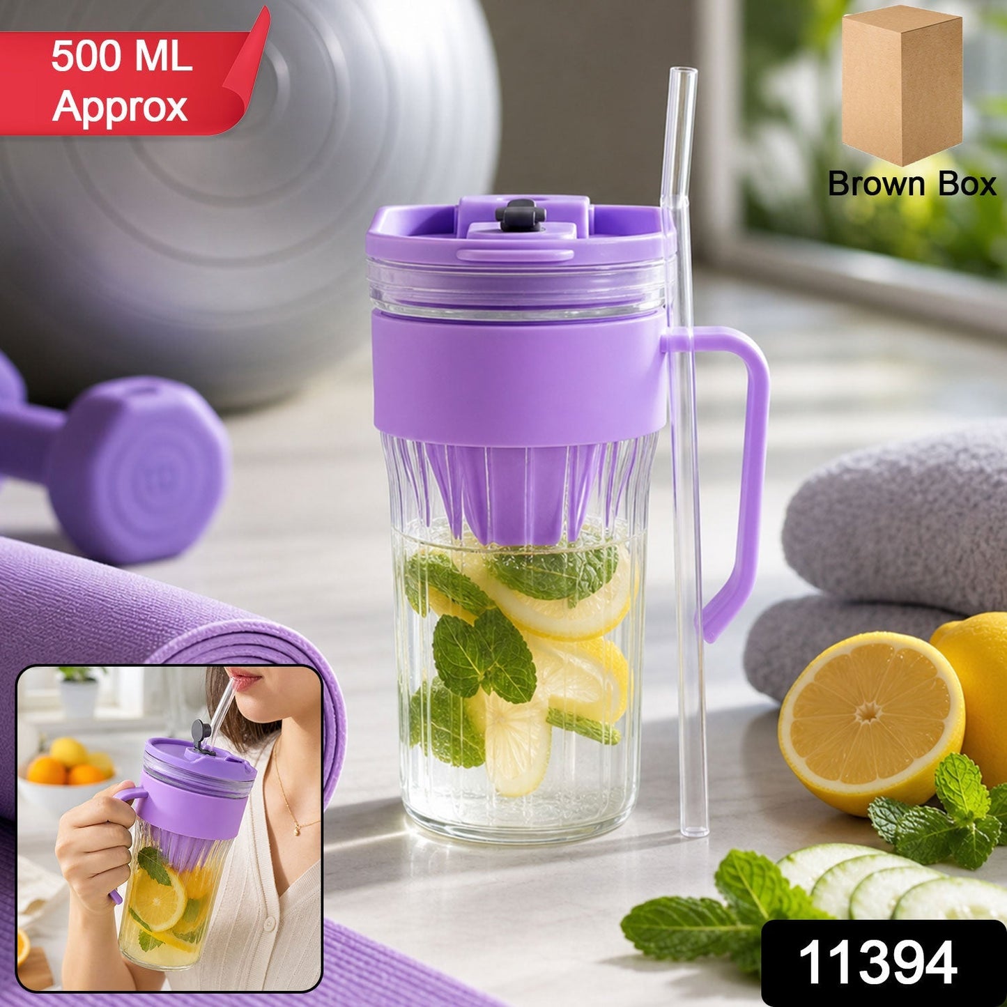 Wukusy glass tumbler with lid, straw, and handle for cold beverages and juice, shown with clear glass and black lid.
