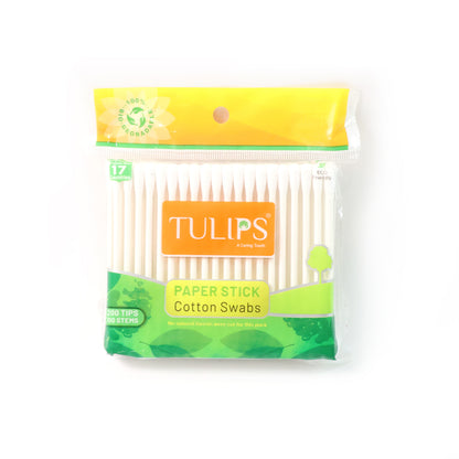 Wukusy Paper-stick Cotton Swabs set with 100 cotton swabs for health and beauty use, shown in a clear container.