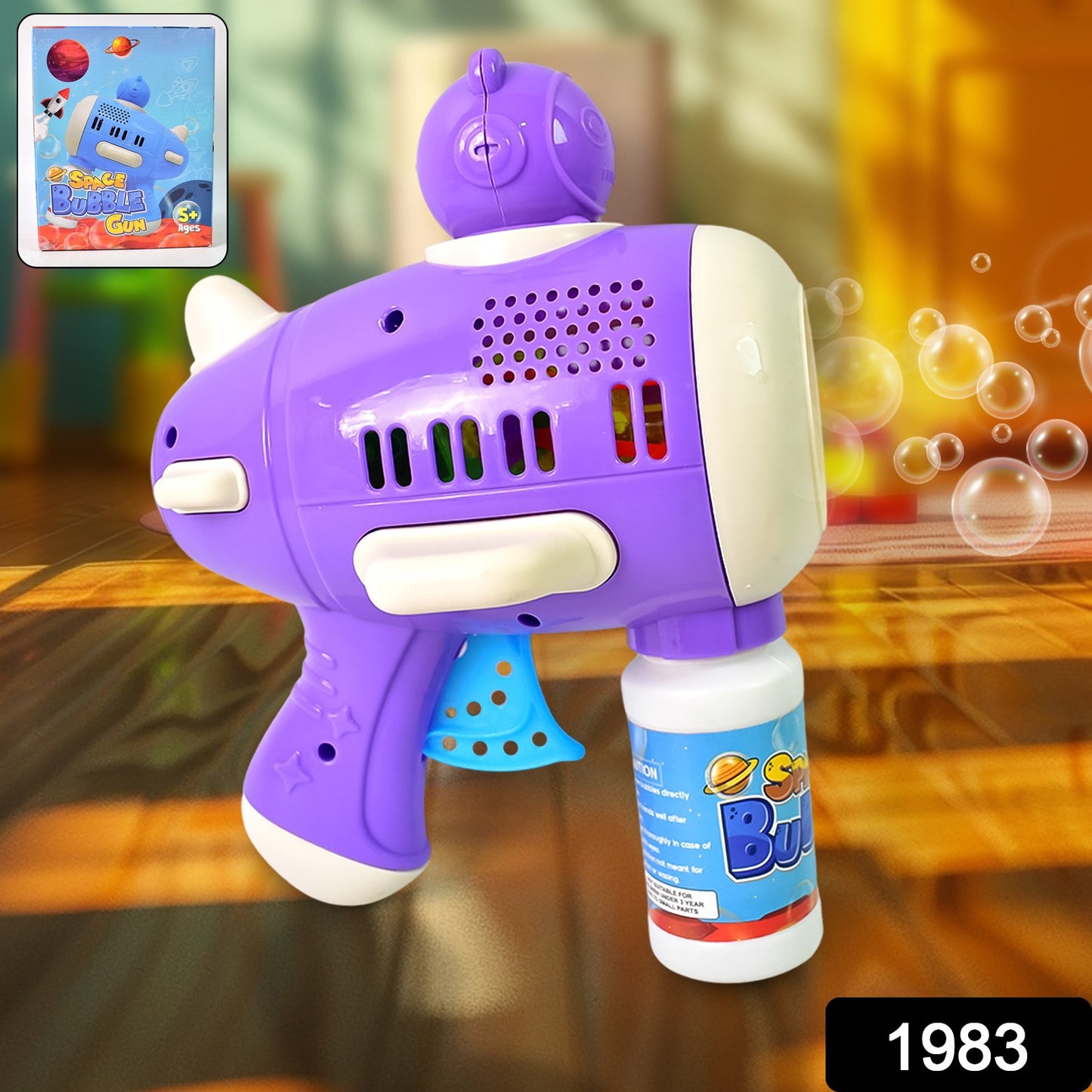 Wukusy Space Bubble Gun Toy for Kids with solution, colorful bubble gun with space-themed design and bubbles in action.
