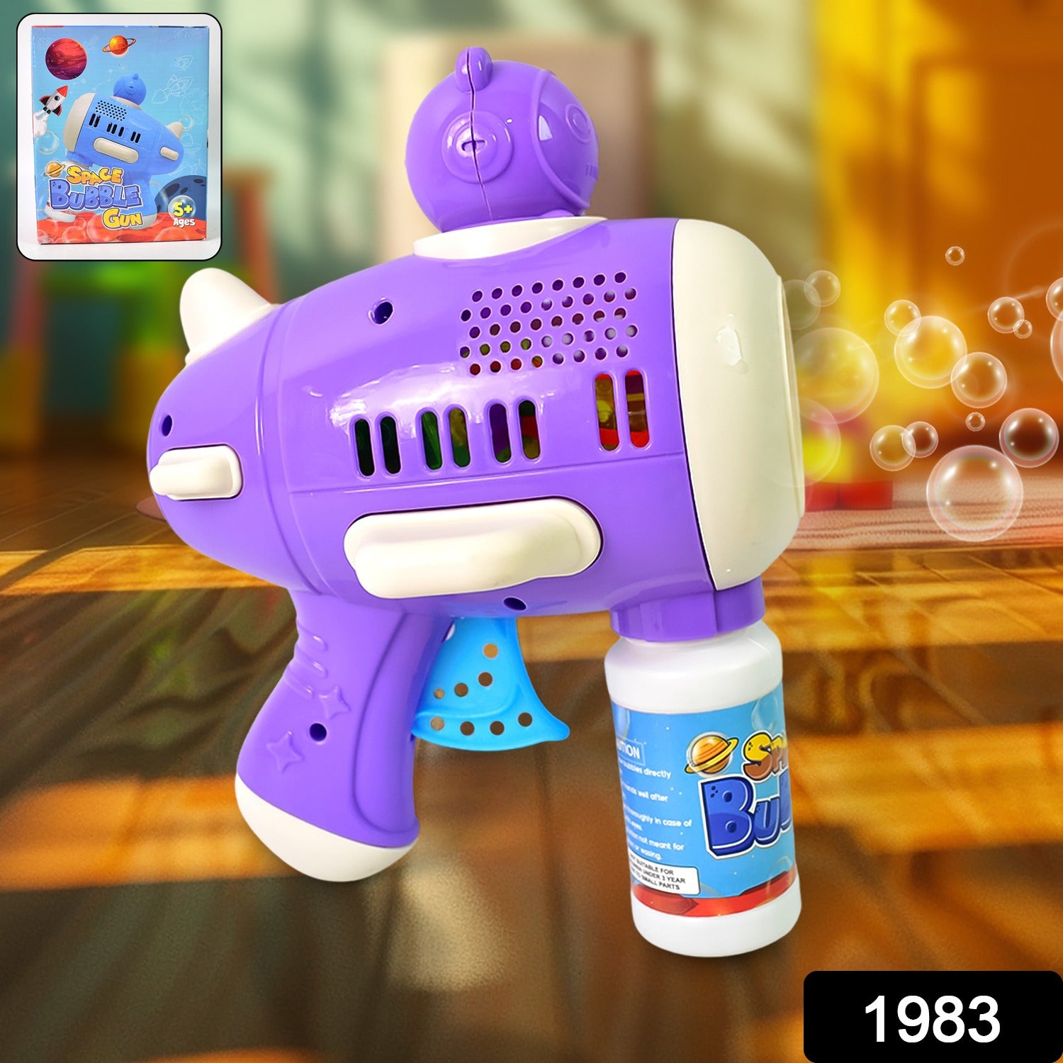Wukusy Space Bubble Gun Toy for Kids with solution, colorful bubble gun with space-themed design and bubbles in action.