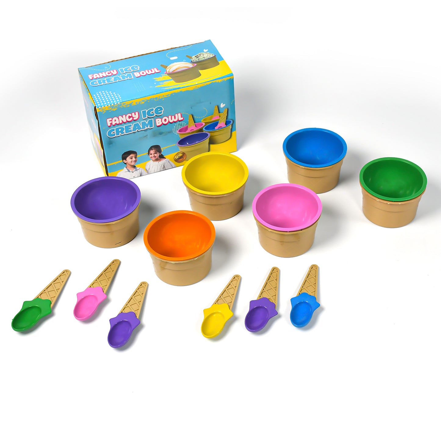 Wukusy 5322 ice cream waffle spoon bowel set with 6 colorful bowls and spoons for serving ice cream in a premium couple set.