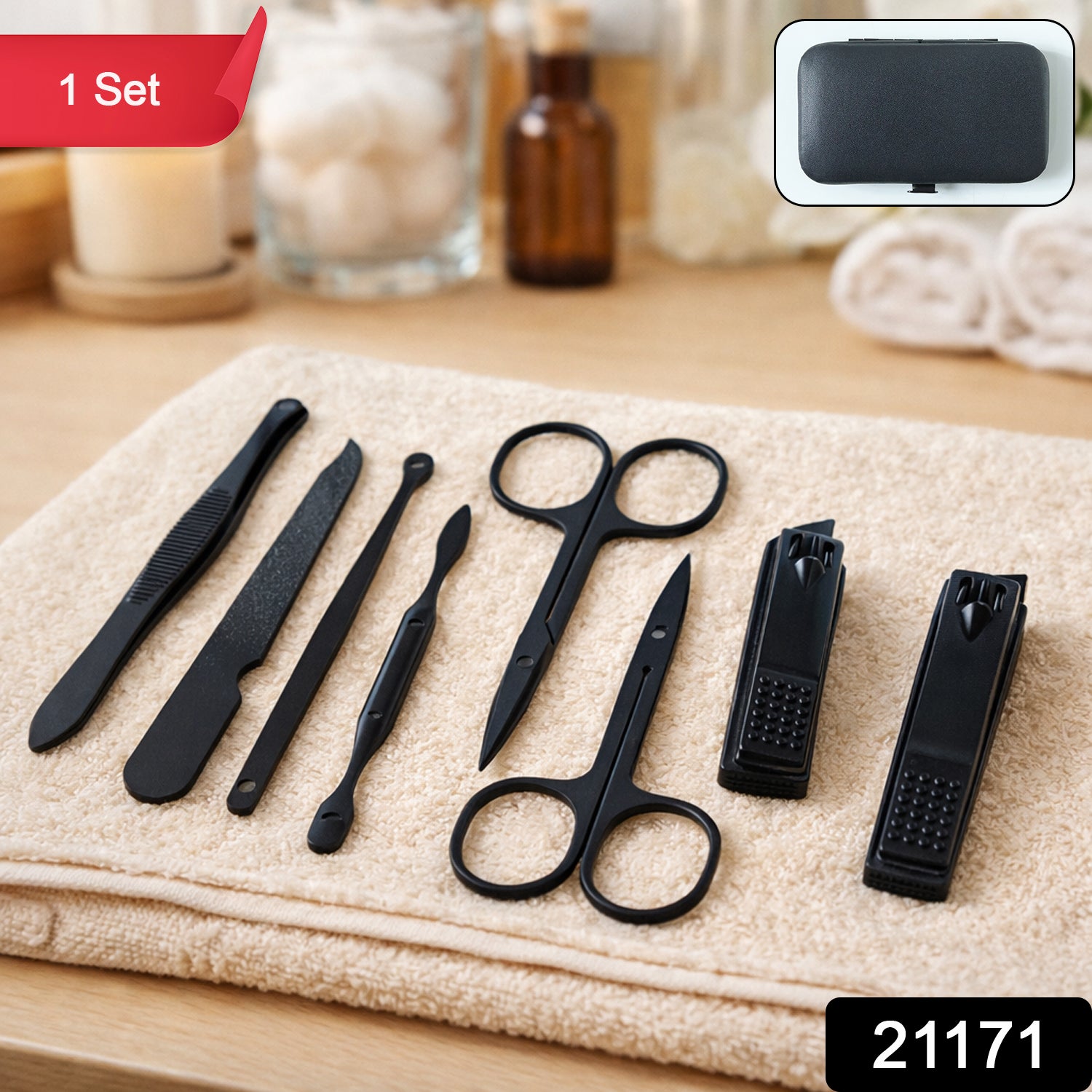 Wukusy 7-in-1 premium manicure pedicure grooming kit with various tools for nail care and grooming in a mix design.