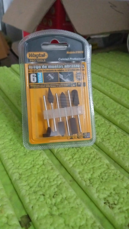 Set of six Wukusy mounted abrasive grinding points for rotary tools, ideal for precision grinding and material removal.