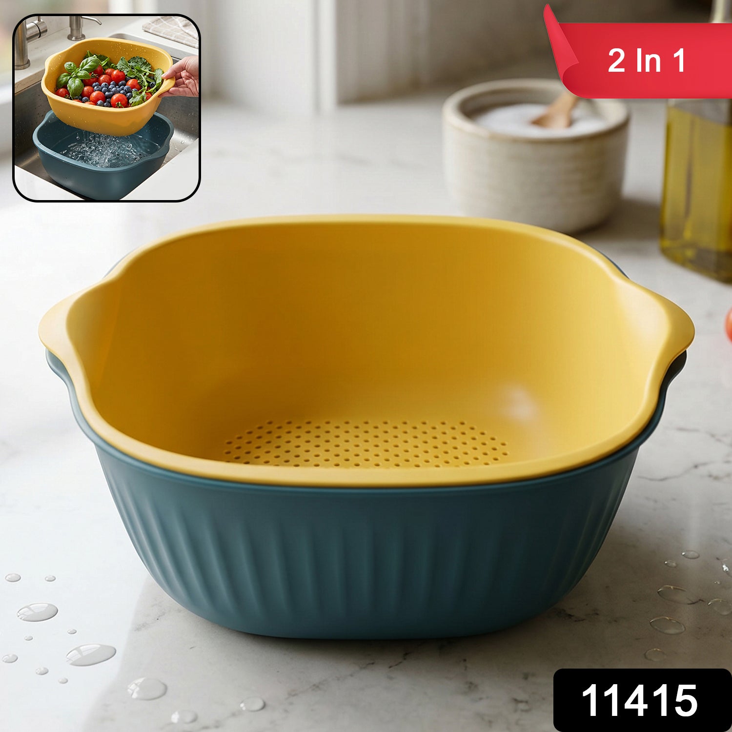 Wukusy 2-in-1 plastic washing bowl with drain basket, versatile kitchen tool for washing and rinsing dishes or vegetables.