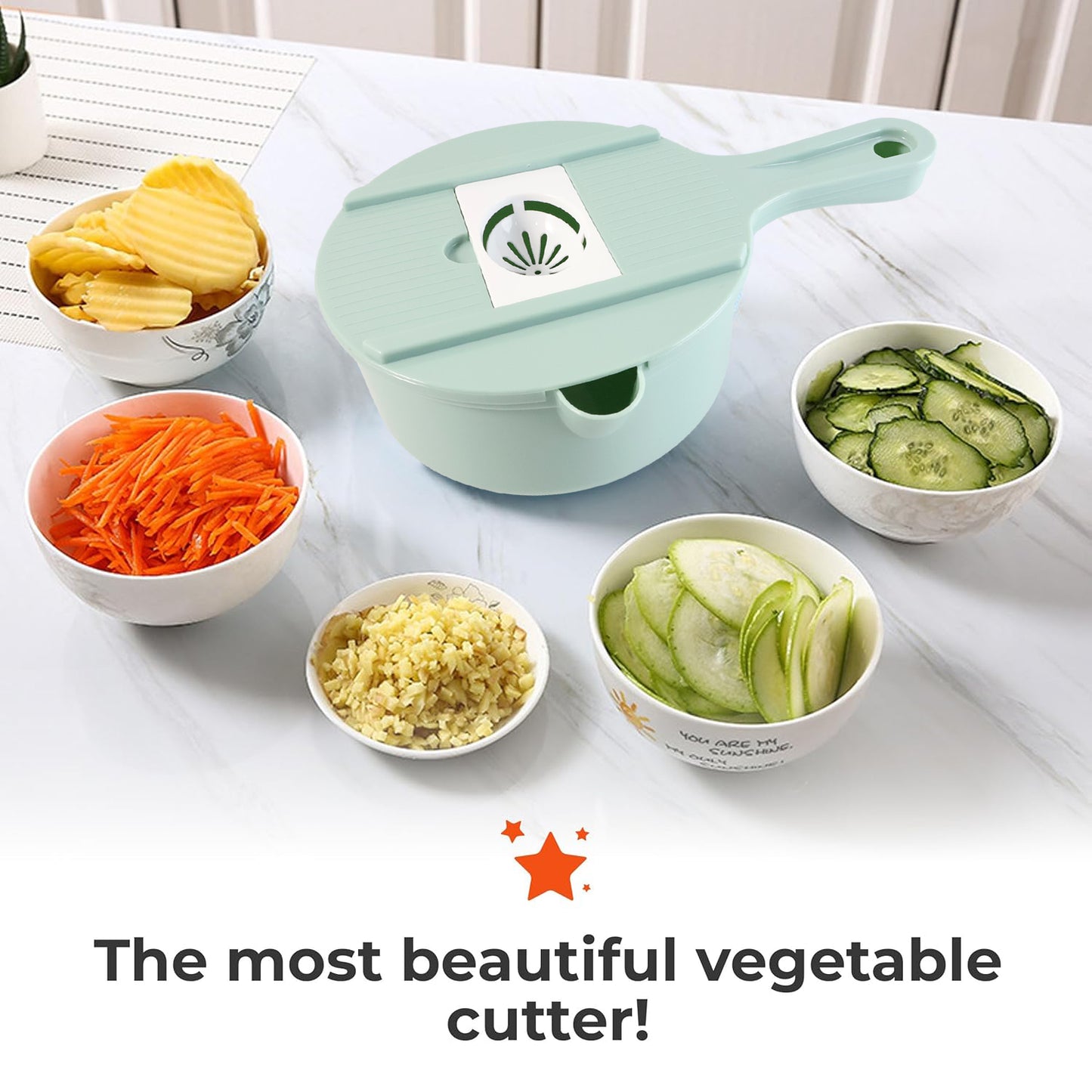 Wukusy multi-function vegetable cutter and grater set with various blades and tools for slicing, grating, and chopping vegetables.