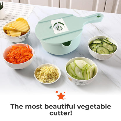 Wukusy multi-function vegetable cutter and grater set with various blades and tools for slicing, grating, and chopping vegetables.