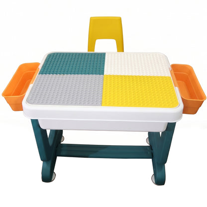 Kids building block activity table and chair set by Wukusy with storage bins, featuring a sturdy table and comfortable chairs.