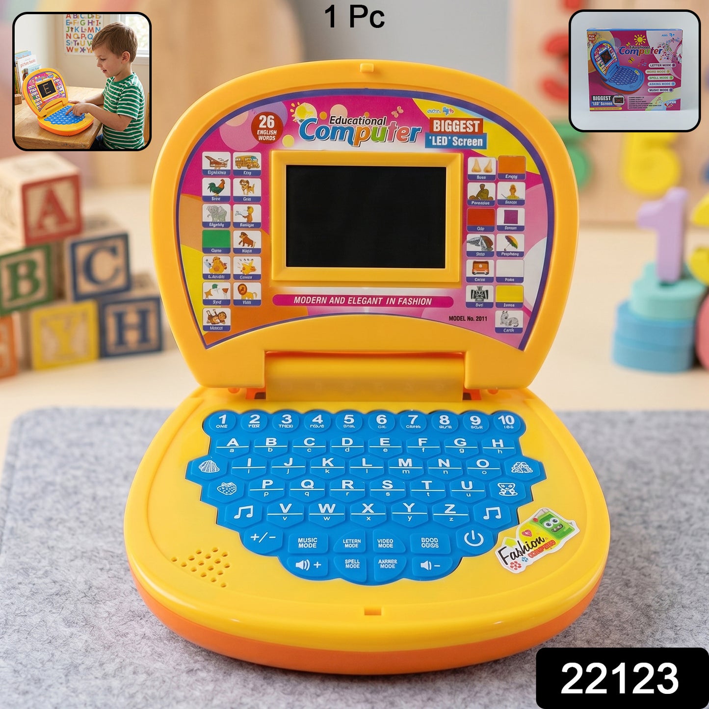 Wukusy kids educational laptop learning toy with colorful keyboard, number and alphabet keys, and musical function for children.