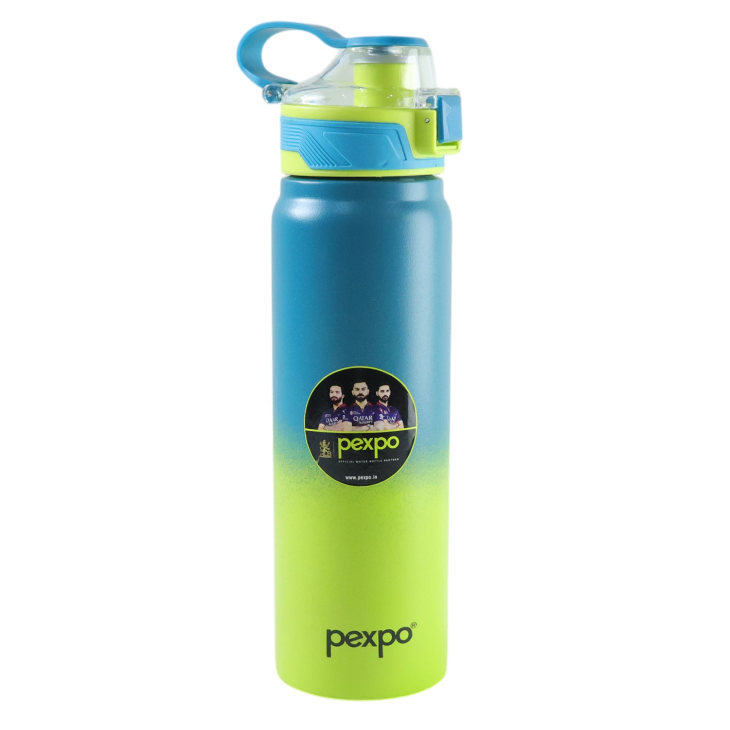 Wukusy Pexpo Amaze insulated stainless steel water bottle, 800ml, with hot and cold beverage capacity, blue color and sleek design