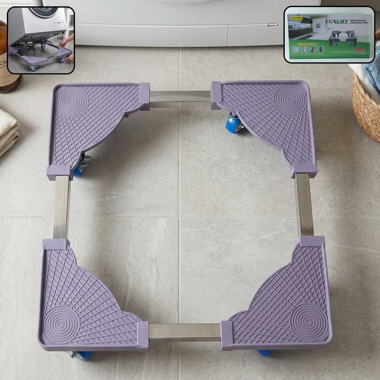 Wukusy adjustable fridge and washing machine stand with wheels, movable base, sturdy support for appliances, in a neutral setting.